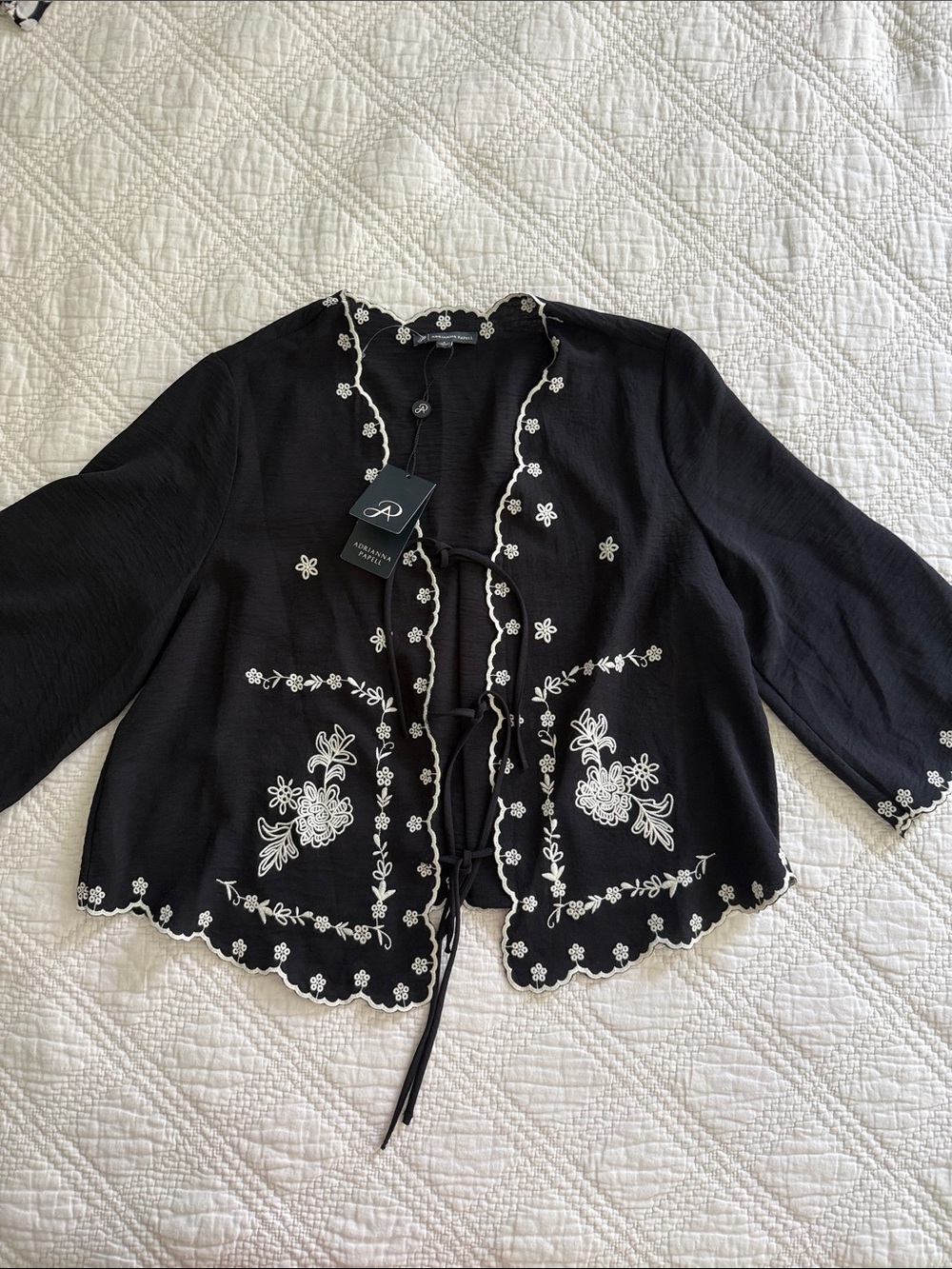 Adrianna Papell Black Top Floral Embroidery tie woven top or open cardigan - Picture 7 of 12